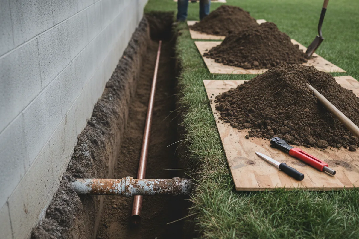Excavated water line trench during Water Softener Installation in Bladensburg